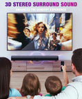 Family watching movie with Powerful 100W Sound Bar You Can Split Into Two Towers For Real Movie Night with Bluetooth 5.3
