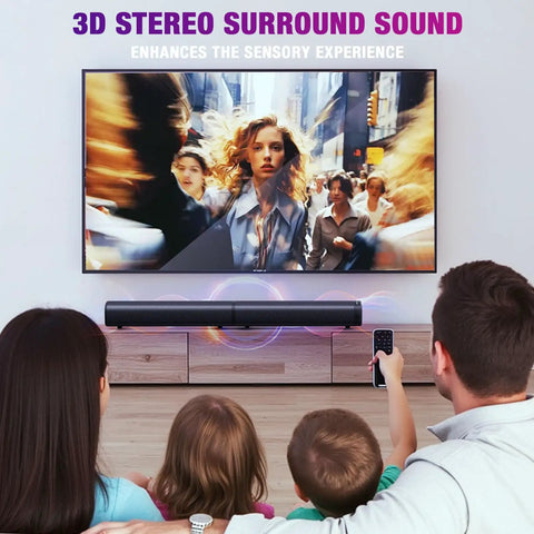 Family watching movie with Powerful 100W Sound Bar You Can Split Into Two Towers For Real Movie Night with Bluetooth 5.3