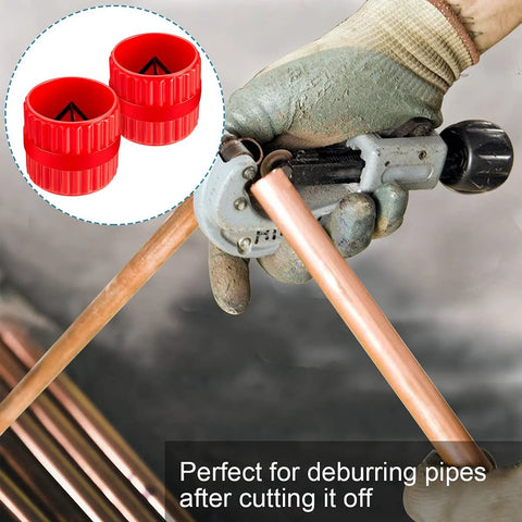 Two red plastic inner-outer pipe deburring reamer tools for copper and PVC tubes (3/16–1-1/4 in)