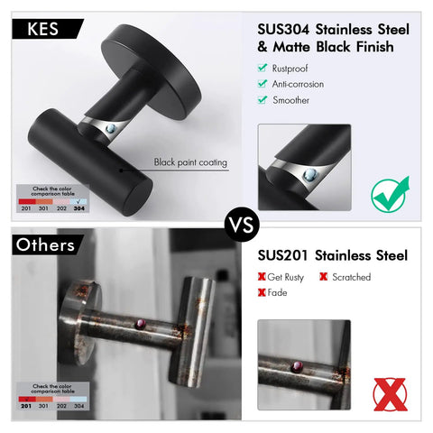 Comparison of Sturdy Stainless Steel Towel And Robe Hooks Wall Mount Set Satin Matte Black Rust Proof SUS 304 vs SUS 201