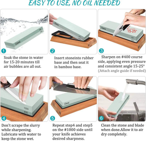 Steps for using All In One Knife Sharpening Kit With Dual Grit Wet Stone System 400 1000 And 3000 8000 Flattening Stone Angle Guide Non Slip Bamboo Base Safely Sharpen Kitchen And Pocket Knives Like A Pro