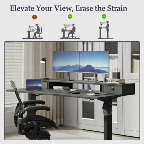 Klicelor 48X23 Inch Electric Standing Desk With Drawers Adjustable Height Small Sit Stand Desk For Home Office Compact workstation with dual monitors.