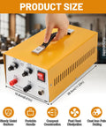 Front view of 30A Jewelry Spot Welder Machine Handheld Pulse Arc Welder with metal handle and control dials, yellow casing