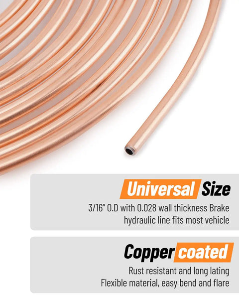 Close-up of copper-coated brake line from Copper Coated Brake Line Kit With Tube Bender And Flare Tool 25 Feet Of Three Sixteenth Inch Steel Lines Includes 16 Fittings And 4 Unions Brass Fittings For Rust Resistance Easy Bend And Flare For DIY Auto Brake Upgrade.
