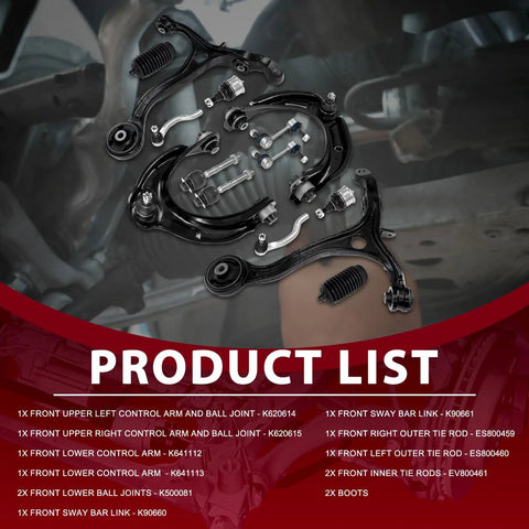 Front Upper Lower Control Arm Kit With Ball Joints And Tie Rods For Hyundai Kia 14Pcs Suspension Repair Set Replacing 51360TA0000 OEM Upgrade, black steel parts laid out