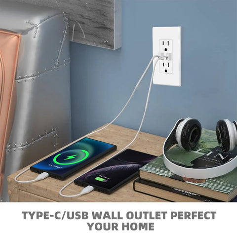 Plug And Play USB Outlet With Type C And Type A Dual Fast Charging Receptacle, 4.8A Total Output, installed in a wall