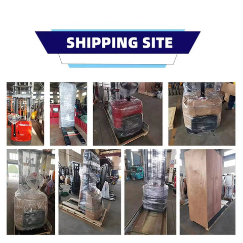 Heavy Duty Electric Forklift Stacker With 1.5 Ton Lift Capacity packed at shipping site, showing pallets and protective wrapping.