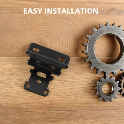 Self Closing Cabinet Door Hinges For RV And Camper, 6 Pack, Black Semi Concealed Hardware, shown with installation text