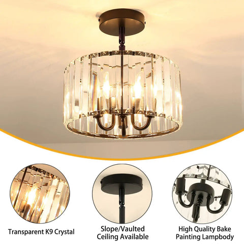 Three Light Industrial Crystal Ceiling Fixture, 13 Inch Round Semi Flush Mount With E12 Base, Black Finish