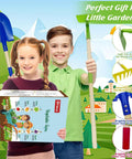 Two children holding Kids Gardening Set With Wheelbarrow For Ages 3 To 8 Real Metal Garden Tools 14 Piece Outdoor Kit packaging.