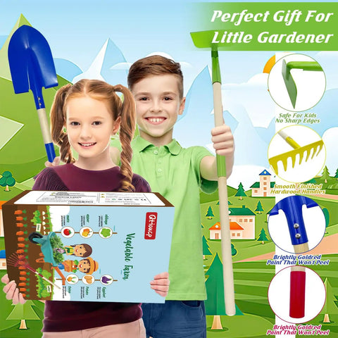 Two children holding Kids Gardening Set With Wheelbarrow For Ages 3 To 8 Real Metal Garden Tools 14 Piece Outdoor Kit packaging.