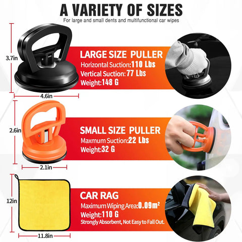 Dent Puller Kit With Suction Cup For Cars Large 4.6 Inch Dent Remover Plus Two Small 2.1 Inch Pullers Microfiber Cloth All In One Auto Dents Repair Tools Bundle Easy DIY Fix, size chart with large puller, small puller and microfiber cloth