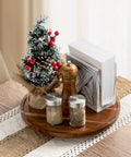 12 Inch Wooden Lazy Susan Organizer With Smooth 360 Spin, Nifty Tabletop Turntable For Spices And Napkins, quick access setup with decorative items.
