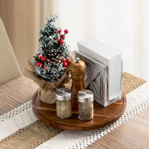 12 Inch Wooden Lazy Susan Organizer With Smooth 360 Spin, Nifty Tabletop Turntable For Spices And Napkins, quick access setup with decorative items.