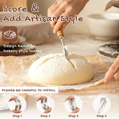 Scoring dough for All In One Sourdough Starter Kit With Round And Oval Banneton Baskets Bread Sling Starter Jar Dough Whisk.