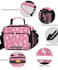Insulated Lunch Bag For Kids And Women, The Go-To Large Capacity Cooler Tote With Shoulder Strap, 6.5L Interior, Fits Six Pack Or Multiple Lunches, Compact Yet Roomy, Front Pocket With Reflective Strip, Side Pockets, Trendy Print. Pink insulated lunch bag with adjustable shoulder strap, front pocket, and side mesh pockets