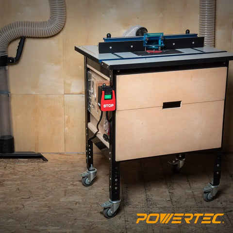 120V Knee Paddle Switch For Power Tools, 15 Amp, mounted on router table with 5.5 ft cord, hands free safety cutoff visible