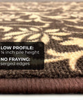 Close-up of espresso brown and golden cream carpet stair tread showing 1/4 inch pile height with text overlay on features.