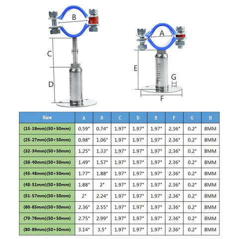 2 Pack Stainless Steel Pipe Clamp Supports With Adjustable Wall Or Ceiling Mounts For 45 To 48 mm OD Pipes Size Chart