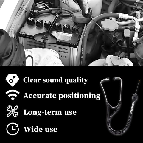 Mechanic using Pro Grade Car Mechanic Stethoscope For Engine Diagnostics near car battery, with features listed below.