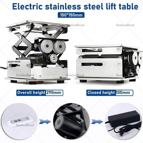 Heavy Duty Electric Scissor Jack Lab Table Lift Stand With 10Kg Capacity And Stainless Steel Platform For Adjustable Height Experiments In Modern Labs with remote control.