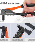 4 In 1 Hand Riveter Kit With 200 Rivets For Metalwork, heavy duty rivet gun with ergonomic grip and four interchangeable nosepieces.