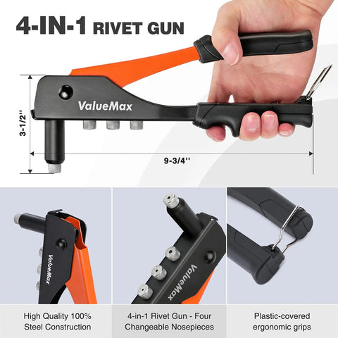 4 In 1 Hand Riveter Kit With 200 Rivets For Metalwork, heavy duty rivet gun with ergonomic grip and four interchangeable nosepieces.