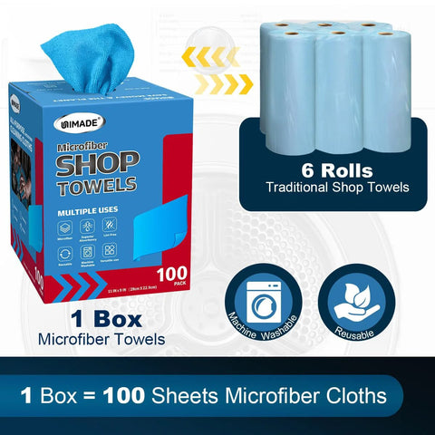 UNIMADE microfiber shop towels, 11x9 in blue, 100-sheet box, commercial-grade, lint-free cleaning cloths.