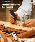 Person using Deluxe Wood Carving Kit With 25 Piece Tool Set And Leather Storage Bag For Beginners, Complete Whittling And DIY Woodworking Essentials.