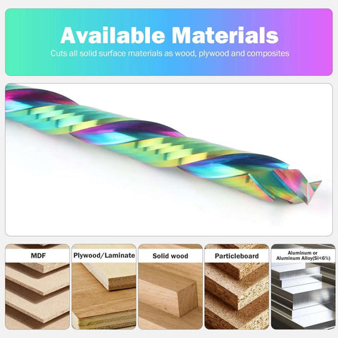Binstak UP&Down compression router bit, 1/4 in shank, 4 in OVL, 2 in cutting length, rainbow-coated carbide spiral.