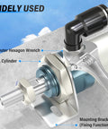 6mm Tube OD To M5 Male Elbow Push To Connect Pneumatic Fittings, 90 Degree Quick Connect, shown in installation on a cylinder