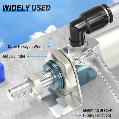 6mm Tube OD To M5 Male Elbow Push To Connect Pneumatic Fittings, 90 Degree Quick Connect, shown in installation on a cylinder