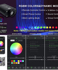 Lit 16W Bluetooth Fiber Optic Curtain Light Kit With RGBW Waterfall Effect and app interface showing color modes and controls