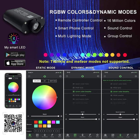 Lit 16W Bluetooth Fiber Optic Curtain Light Kit With RGBW Waterfall Effect and app interface showing color modes and controls
