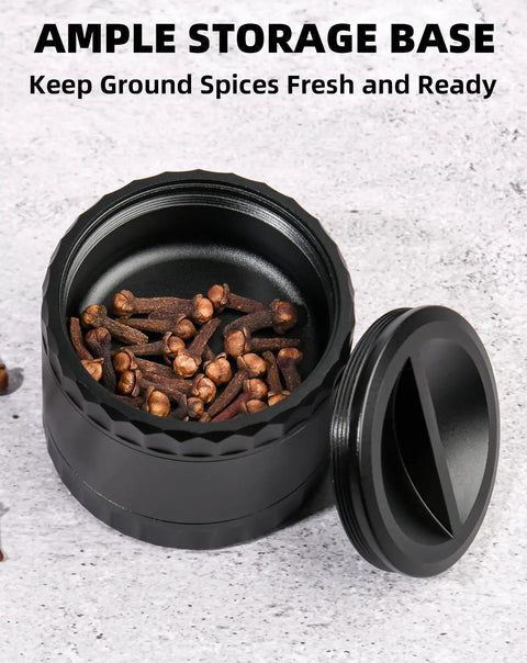 Open aluminum base of 2.5 Inch Aluminum Herb Grinder With Top Storage And Large Bottom Chamber 3 Piece 4 Part Spice Grinder