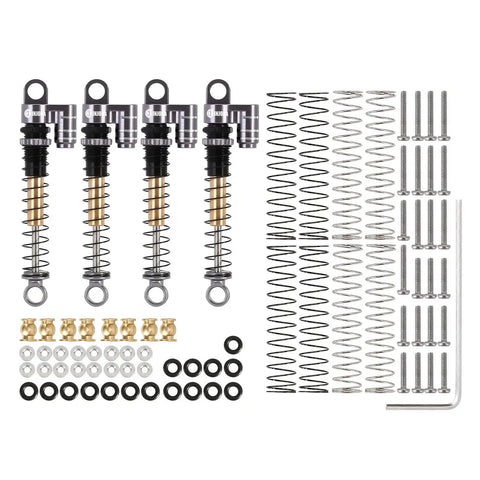 43mm Aluminum Threaded Tele Shocks Absorbers Dope Upgrade Kit For Axial SCX24 Bronco Gladiator Deadbolt JLU C10 Grey shown with springs and hardware.