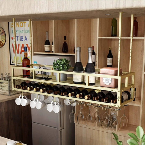 Ceiling Wine Rack Suspension System With Adjustable Height Glass Holder And Bottle Rack Easy Install Overhead Storage Wall Mount