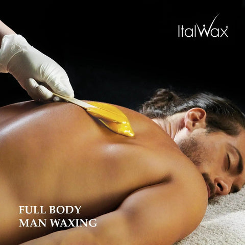Full Body Wax 2.2lb Pre Melted Wax Granules For Easy Hair Removal All Over The Body application on man's back.