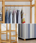 Portable Bamboo Frame Wardrobe Closet With Heavy Duty Nonwoven Cover Double Rod Hanging Clothes Organizer For Dorms And Camping No Sweat Setup That Keeps Your Threads Organized And Looking Sharp with hanging clothes and sturdy bamboo frame.