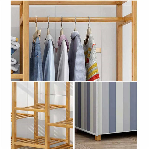 Portable Bamboo Frame Wardrobe Closet With Heavy Duty Nonwoven Cover Double Rod Hanging Clothes Organizer For Dorms And Camping No Sweat Setup That Keeps Your Threads Organized And Looking Sharp with hanging clothes and sturdy bamboo frame.