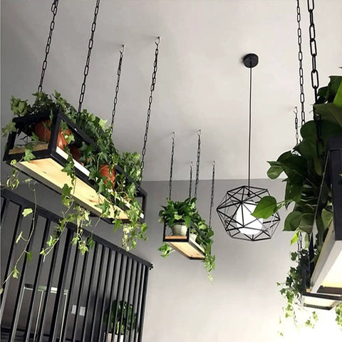 Dope Ceiling Hanging Wine Glass Rack With Industrial Wood And Metal Frame Floating Shelves, used as plant holders, overhead view