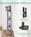 Boss Grade Steel Vacuum Stand For Cordless Vacuums showing storage and cable management with attachments on a hardwood floor.