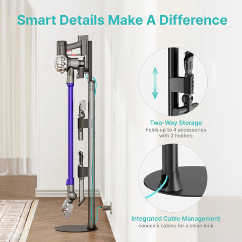 Boss Grade Steel Vacuum Stand For Cordless Vacuums showing storage and cable management with attachments on a hardwood floor.