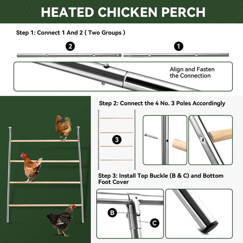 Four Tier Chicken Roosting Perch For Backyard Poultry No Fuss Easy To Assemble Elevated Roosting Bars That Maximize Coop Space And Reduce Ground Crowding Easy To Clean Durable Farm Style Chicken Perch 56 Inches Long, assembly instructions for heated chicken perch with metal and wooden bars shown.