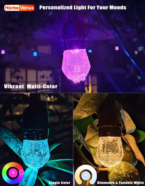 72 Ft LED Outdoor String Lights Two 36 Ft Strands Color Changing RGBW Patio Lights With Easy App Control WiFi Waterproof IP65 Diamond Acrylic Bulbs at night