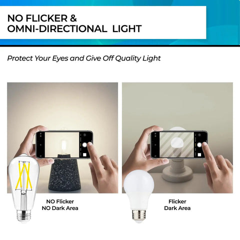 Dimmable Vintage Edison LED Bulbs For E26 Base No Flicker comparison with smartphone showing light quality differences.