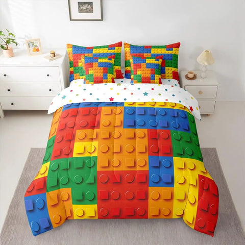 Construction Themed Bed In A Bag Full Size 7 Piece Rainbow Blocks Bedding Set With Microfiber Comforter Flat And Fitted Sheets Pillowcases And Pillow Covers For All Season Kid Approved Bedroom Decor, full bed