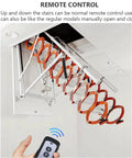 Heavy Duty Electric Attic Ladder With Auto Pull Down Function And Knuckle Tough Titanium Magnesium Frame showing remote control operation.