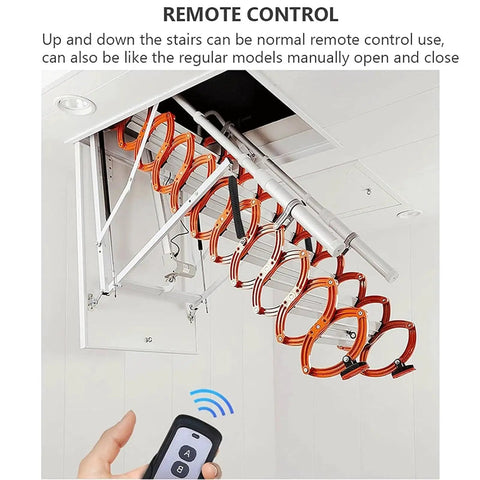 Heavy Duty Electric Attic Ladder With Auto Pull Down Function And Knuckle Tough Titanium Magnesium Frame showing remote control operation.