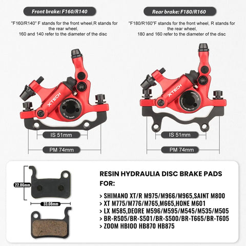 Diagram of HB 100 Hydraulic Disc Brake Calipers Front And Rear Set for Mountain, Road, E-Bike with IS and PM mounting details